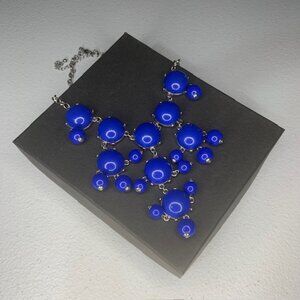 Vintage Blue Glass Bead Chunky Statement Necklace Boho Retro Silver Tone